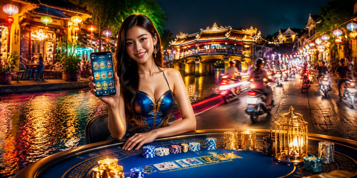 Người dùng chơi casino trên điện thoại tại chợ đêm Hội An lung linh ánh đèn